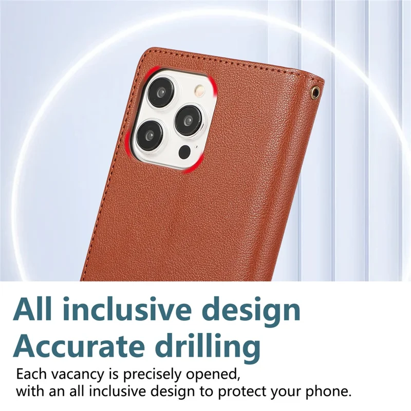 For iPhone 15 Pro Max Case Multi Card Slots Zipper Leather Phone Cover with Shoulder Strap / Wrist Strap - Brown