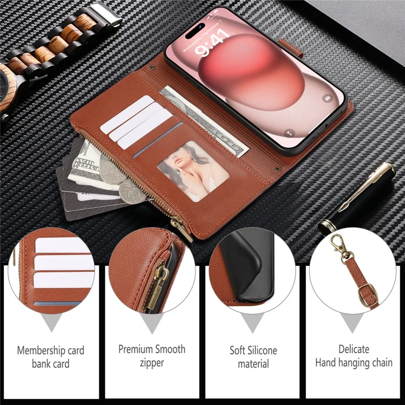 For iPhone 15 Pro Max Case Multi Card Slots Zipper Leather Phone Cover with Shoulder Strap / Wrist Strap - Brown