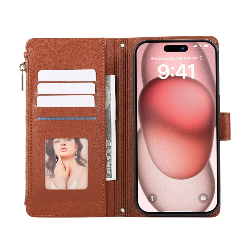 For iPhone 15 Pro Max Case Multi Card Slots Zipper Leather Phone Cover with Shoulder Strap / Wrist Strap - Brown
