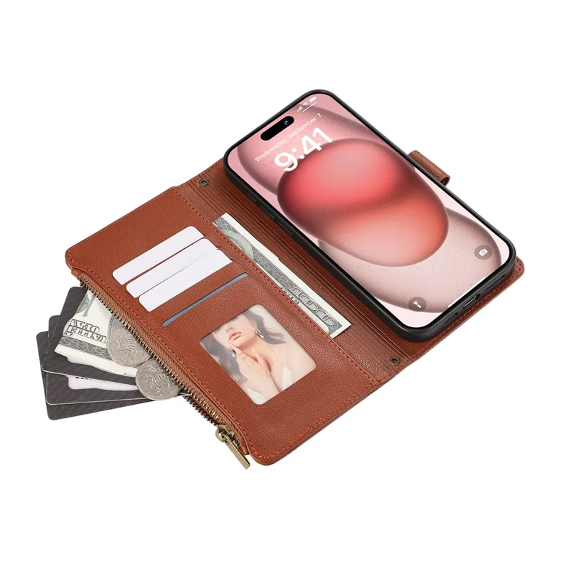For iPhone 15 Pro Max Case Multi Card Slots Zipper Leather Phone Cover with Shoulder Strap / Wrist Strap - Brown