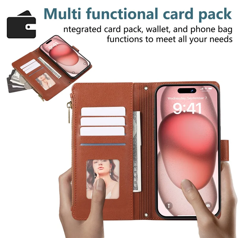 For iPhone 15 Pro Max Case Multi Card Slots Zipper Leather Phone Cover with Shoulder Strap / Wrist Strap - Brown