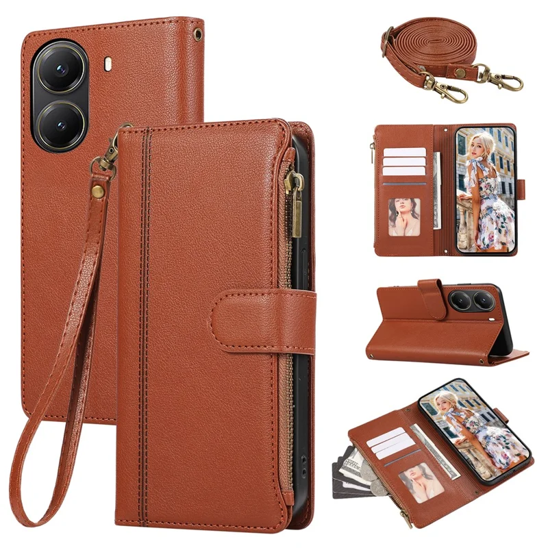 Per Xiaomi Poco X7 Pro 5G / Redmi Turbo 4 5G Cover in pelle con cerniera, scomparti per schede e tracolla/cinturino da polso - Marrone