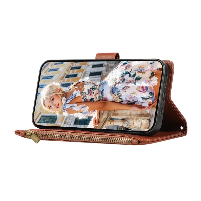 Per Xiaomi Poco X7 Pro 5G / Redmi Turbo 4 5G Cover in pelle con cerniera, scomparti per schede e tracolla/cinturino da polso - Marrone