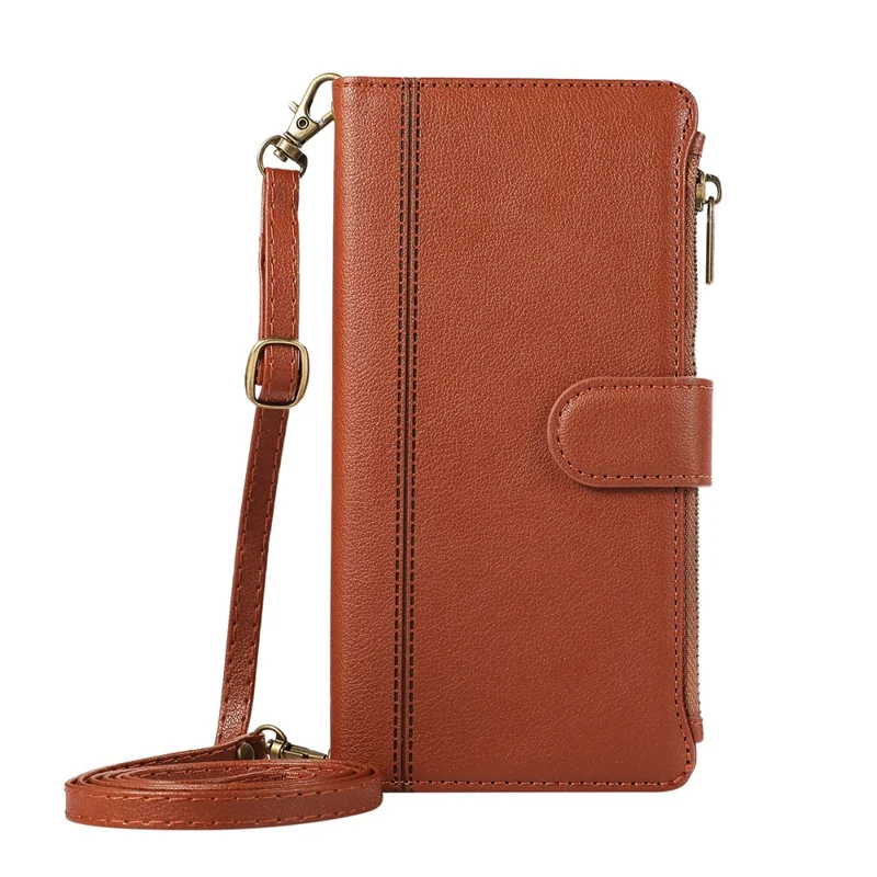 Per Xiaomi Poco X7 Pro 5G / Redmi Turbo 4 5G Cover in pelle con cerniera, scomparti per schede e tracolla/cinturino da polso - Marrone
