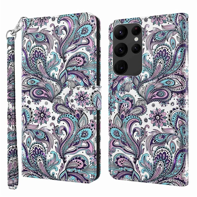 Pour Samsung Galaxy S23 Ultra PU Leather Full Protection Stand Case 3D Pattern Printed Phone Wallet Cover with Strap - Purple Impatiens