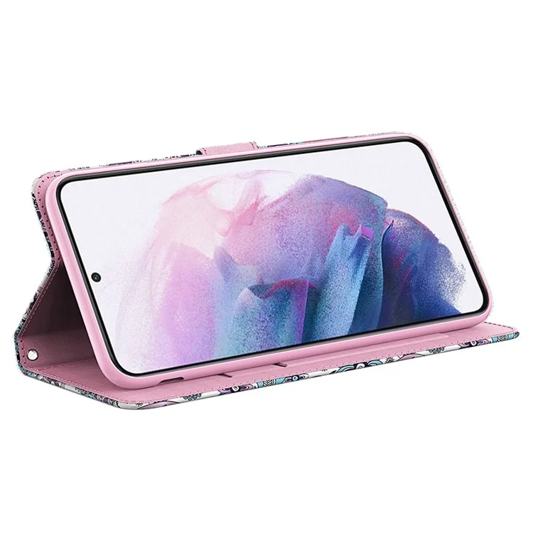 Pour Samsung Galaxy S23 Ultra PU Leather Full Protection Stand Case 3D Pattern Printed Phone Wallet Cover with Strap - Purple Impatiens