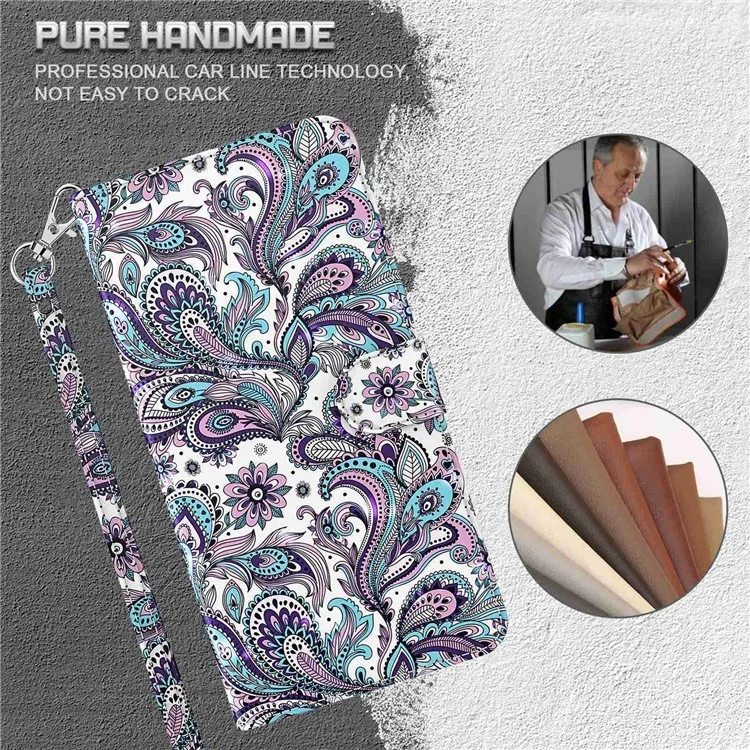 Pour Samsung Galaxy S23 Ultra PU Leather Full Protection Stand Case 3D Pattern Printed Phone Wallet Cover with Strap - Purple Impatiens