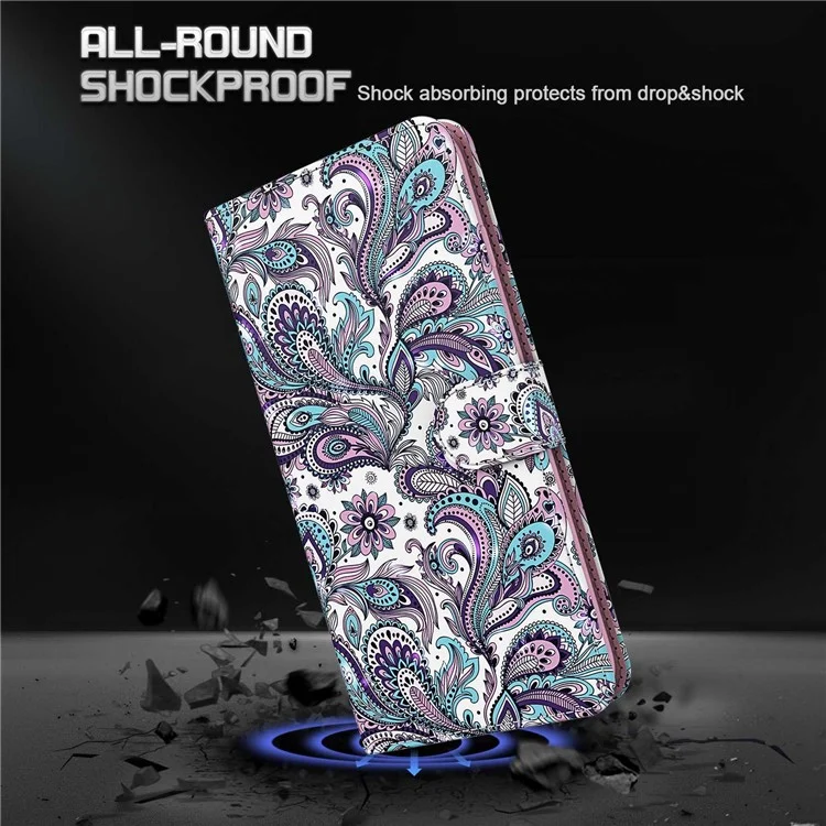 Pour Samsung Galaxy S23 Ultra PU Leather Full Protection Stand Case 3D Pattern Printed Phone Wallet Cover with Strap - Purple Impatiens