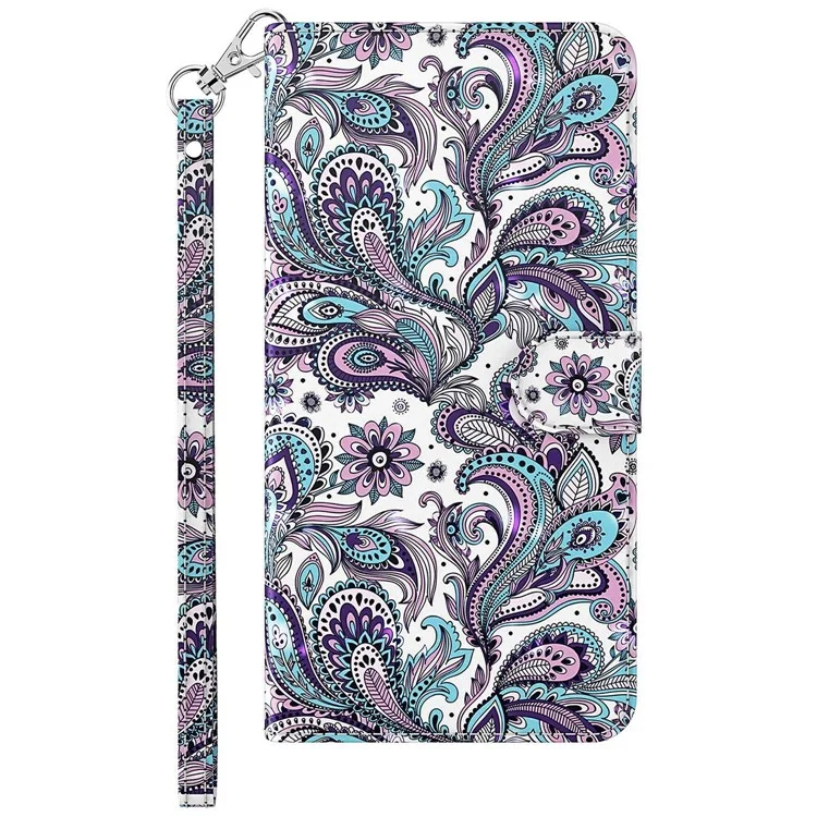 Pour Samsung Galaxy S23 Ultra PU Leather Full Protection Stand Case 3D Pattern Printed Phone Wallet Cover with Strap - Purple Impatiens