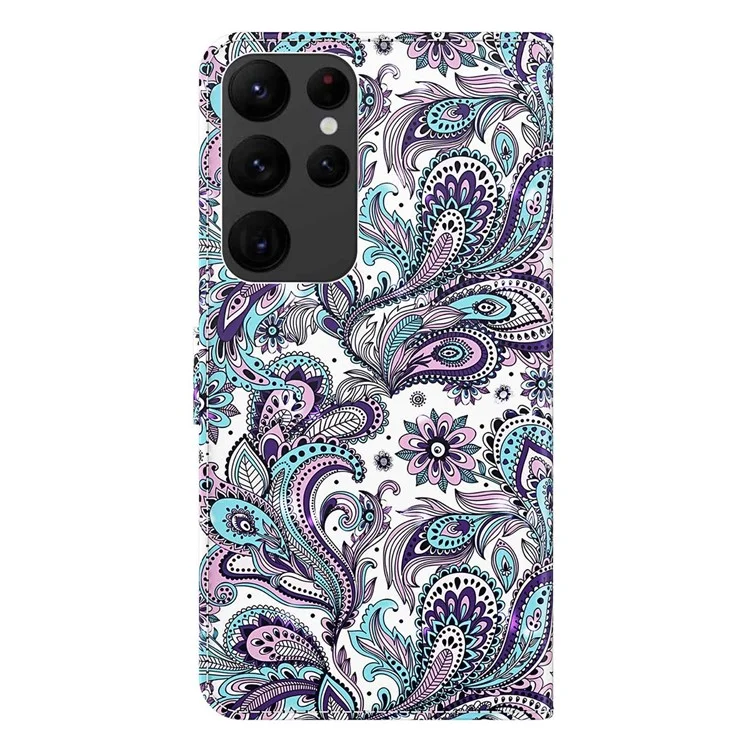 Pour Samsung Galaxy S23 Ultra PU Leather Full Protection Stand Case 3D Pattern Printed Phone Wallet Cover with Strap - Purple Impatiens