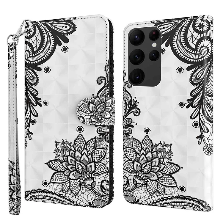 For Samsung Galaxy S23 Ultra PU Leather Full Protection Stand Case 3D Pattern Printed Phone Wallet Cover with Strap - Lace Flower