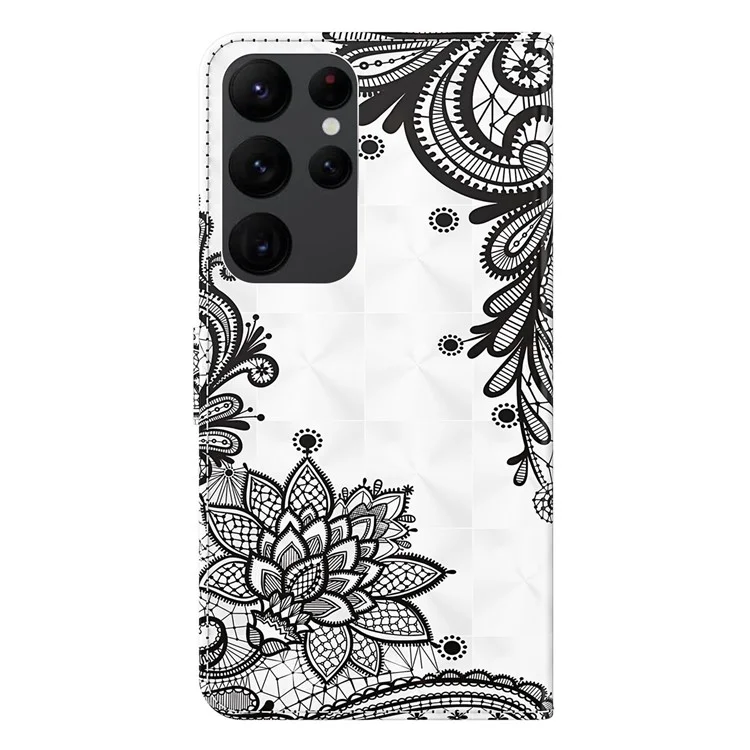 For Samsung Galaxy S23 Ultra PU Leather Full Protection Stand Case 3D Pattern Printed Phone Wallet Cover with Strap - Lace Flower