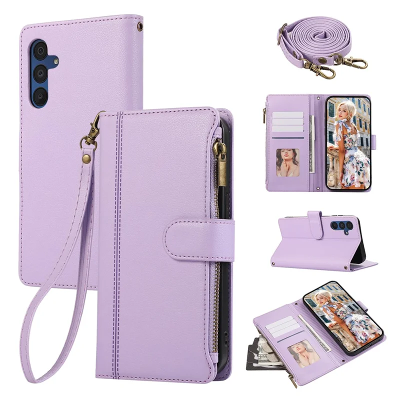 For Samsung Galaxy A56 5G Case Multi Card Slots Zipper Leather Phone Cover with Shoulder Strap / Wrist Strap - Purple