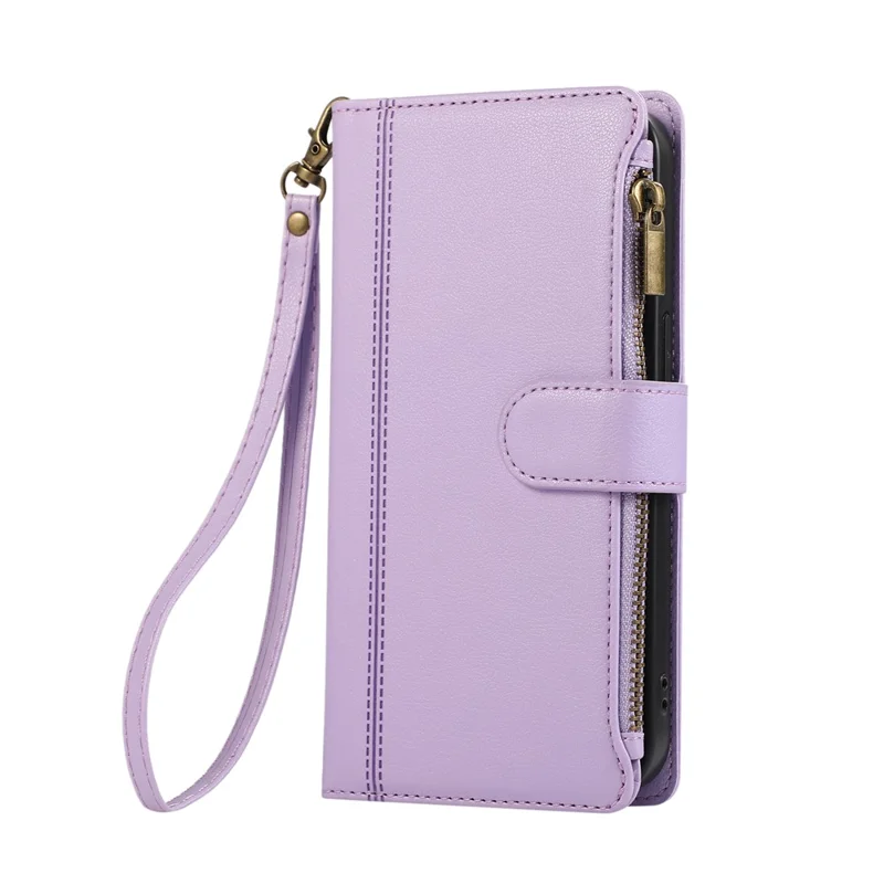 For Samsung Galaxy A56 5G Case Multi Card Slots Zipper Leather Phone Cover with Shoulder Strap / Wrist Strap - Purple