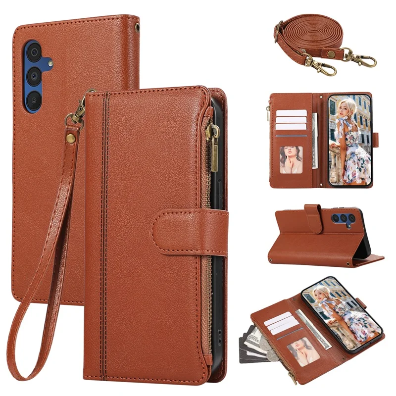 Funda para Samsung Galaxy S25 / S24 con múltiples ranuras para tarjetas, cremallera y correa para el hombro / muñeca - Marrón