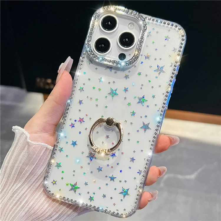 For iPhone 14 Pro Case with Ring Kickstand Rhinestone Edge TPU + PC IMD Phone Cover - Starry Transparent