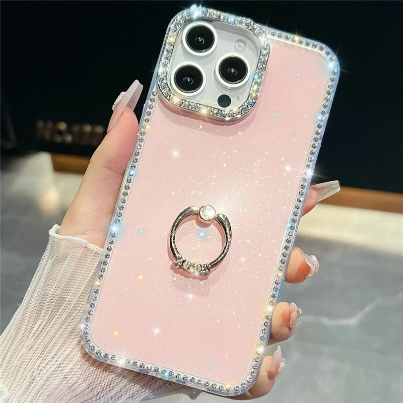 For iPhone 14 Pro Max Case with Ring Kickstand Rhinestone Edge TPU + PC IMD Phone Cover - Glitter Light Pink
