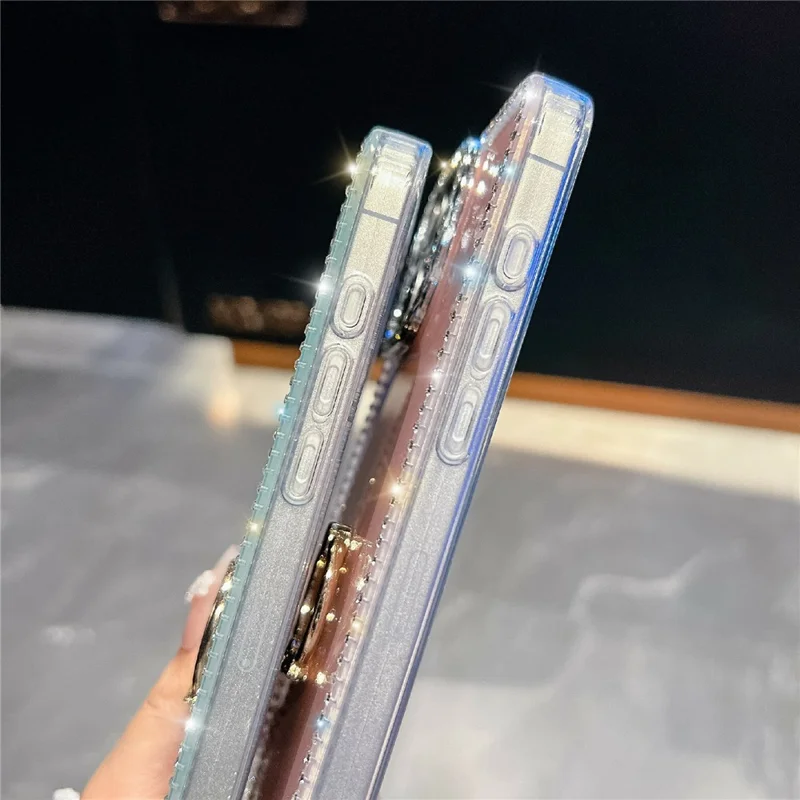 For iPhone 14 Pro Max Case with Ring Kickstand Rhinestone Edge TPU + PC IMD Phone Cover - Glitter Light Pink