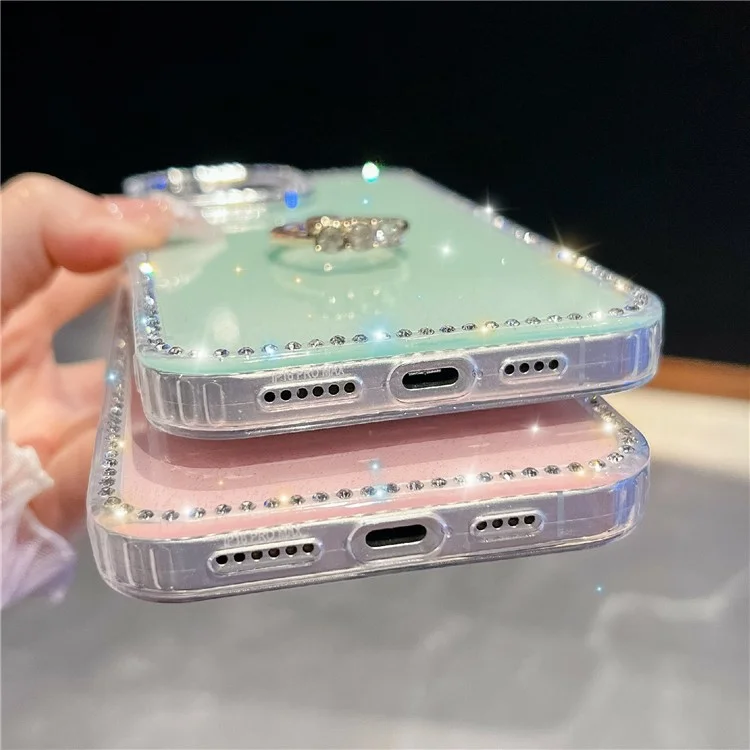 For iPhone 15 Pro Case with Ring Kickstand Rhinestone Edge TPU + PC IMD Phone Cover - Starry Transparent