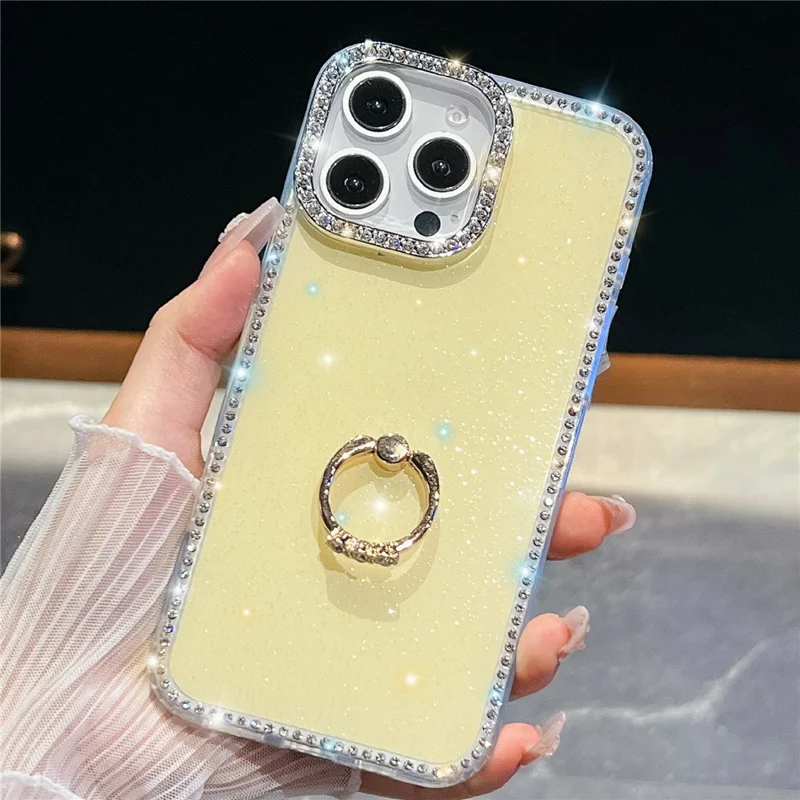 For iPhone 15 Pro Case with Ring Kickstand Rhinestone Edge TPU + PC IMD Phone Cover - Glitter Light Yellow