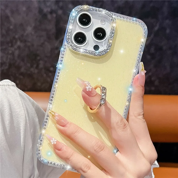 For iPhone 15 Pro Max Case with Ring Kickstand Rhinestone Edge TPU + PC IMD Phone Cover - Starry Transparent