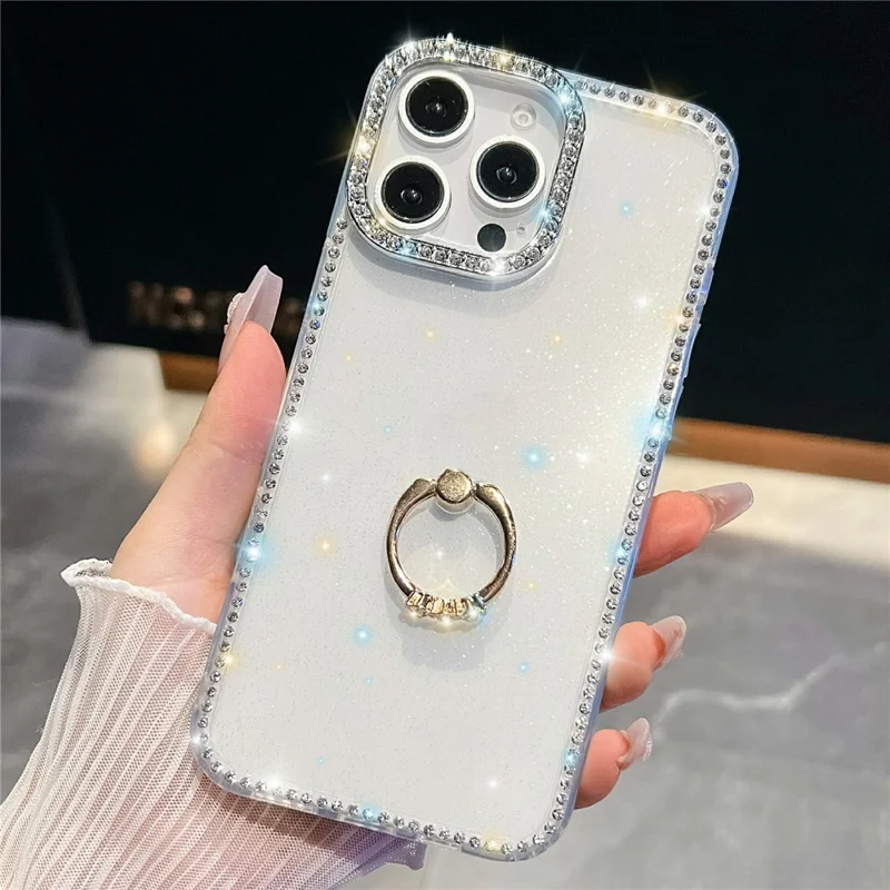 For iPhone 15 Pro Max Case with Ring Kickstand Rhinestone Edge TPU + PC IMD Phone Cover - Glitter Transparent