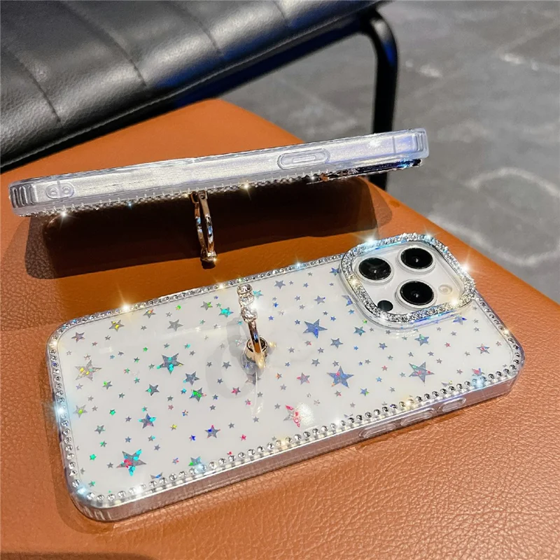 For iPhone 15 Pro Max Case with Ring Kickstand Rhinestone Edge TPU + PC IMD Phone Cover - Glitter Transparent