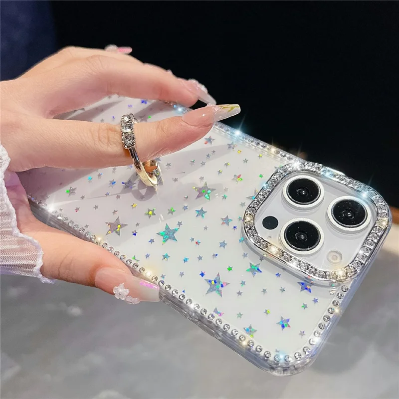 For iPhone 15 Pro Max Case with Ring Kickstand Rhinestone Edge TPU + PC IMD Phone Cover - Glitter Transparent