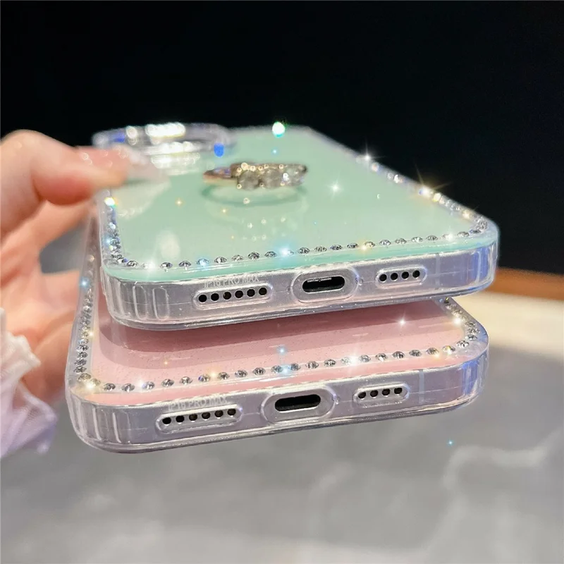 For iPhone 15 Pro Max Case with Ring Kickstand Rhinestone Edge TPU + PC IMD Phone Cover - Glitter Transparent
