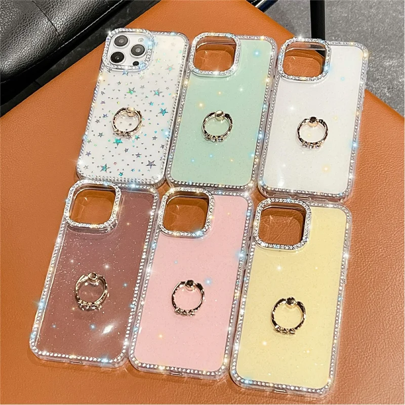 For iPhone 15 Pro Max Case with Ring Kickstand Rhinestone Edge TPU + PC IMD Phone Cover - Glitter Transparent