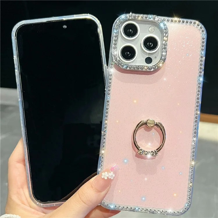 For iPhone 16 Pro Case with Ring Kickstand Rhinestone Edge TPU + PC IMD Phone Cover - Starry Transparent