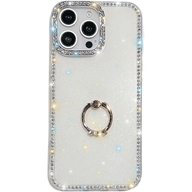 For iPhone 16 Pro Max Case with Ring Kickstand Rhinestone Edge TPU + PC IMD Phone Cover - Glitter White