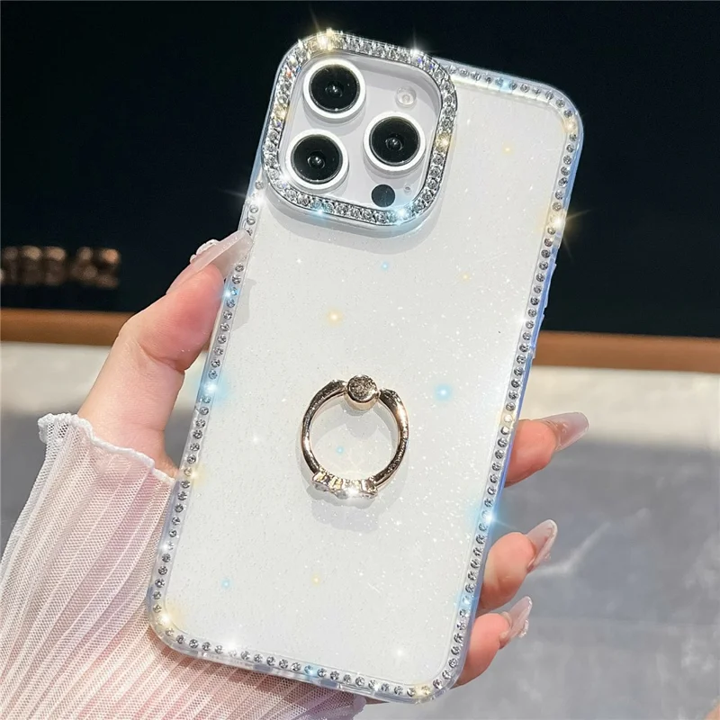 For iPhone 16 Pro Max Case with Ring Kickstand Rhinestone Edge TPU + PC IMD Phone Cover - Glitter White