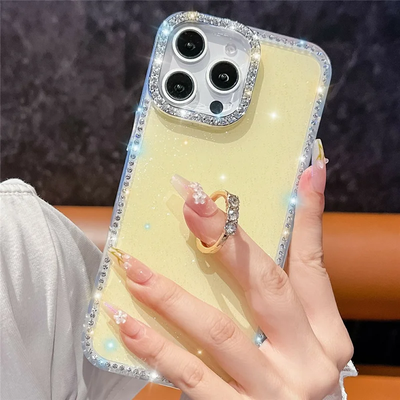 For iPhone 16 Pro Max Case with Ring Kickstand Rhinestone Edge TPU + PC IMD Phone Cover - Glitter White