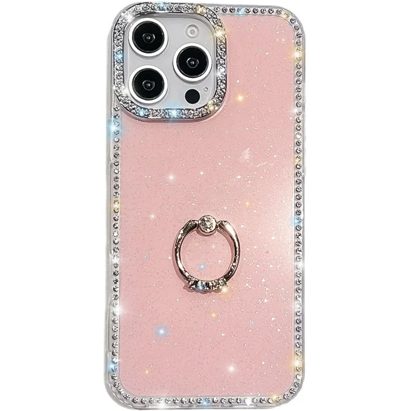 For iPhone 16 Pro Max Case with Ring Kickstand Rhinestone Edge TPU + PC IMD Phone Cover - Glitter Light Pink
