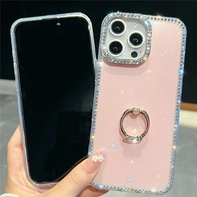 For iPhone 16 Pro Max Case with Ring Kickstand Rhinestone Edge TPU + PC IMD Phone Cover - Glitter Light Pink