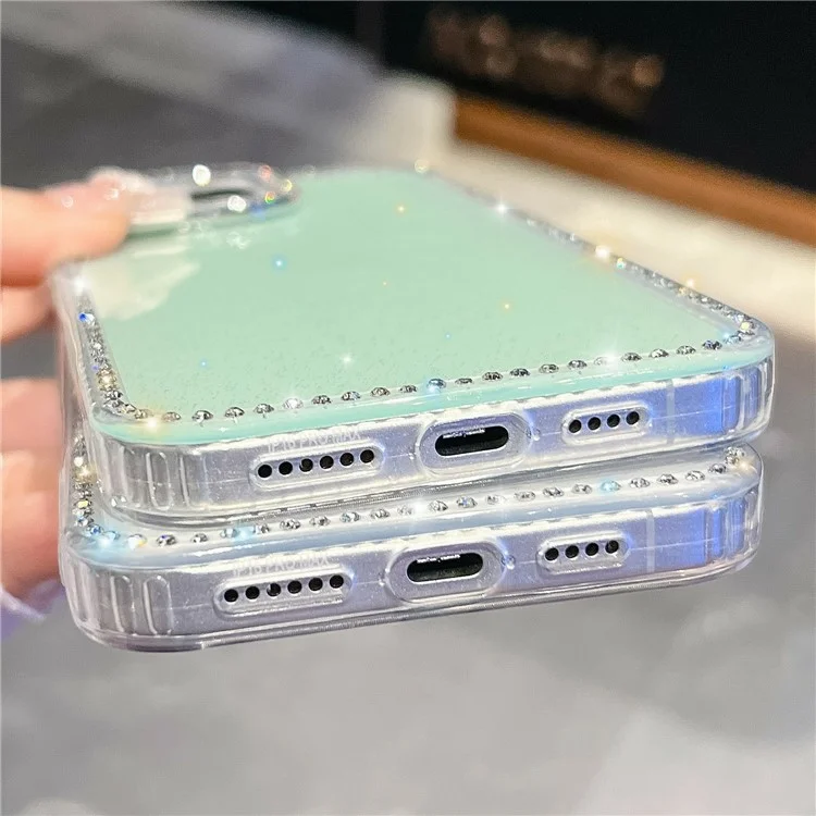 Funda para iPhone 15 Pro Max con Borde de Strass Purpurina Trasera TPU + PC Cubierta de Móvil - Purpurina Verde Claro