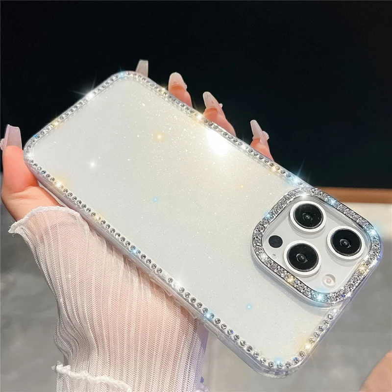 For iPhone 15 Pro Max Case Rhinestone Edge Glitter Back TPU + PC IMD Phone Cover - Glitter Transparent