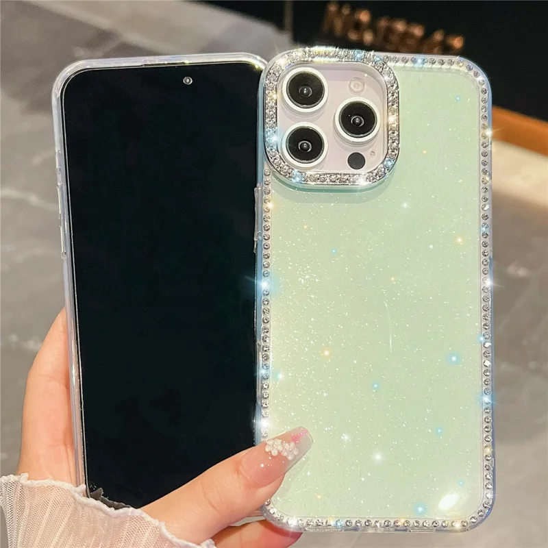 For iPhone 15 Pro Max Case Rhinestone Edge Glitter Back TPU + PC IMD Phone Cover - Glitter Transparent