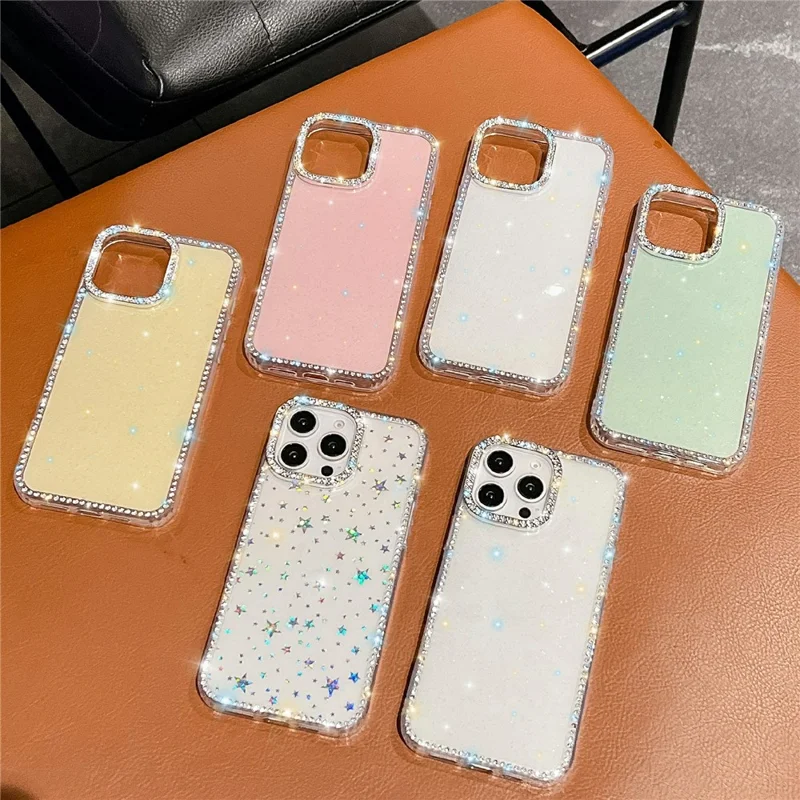 For iPhone 15 Pro Max Case Rhinestone Edge Glitter Back TPU + PC IMD Phone Cover - Glitter Transparent