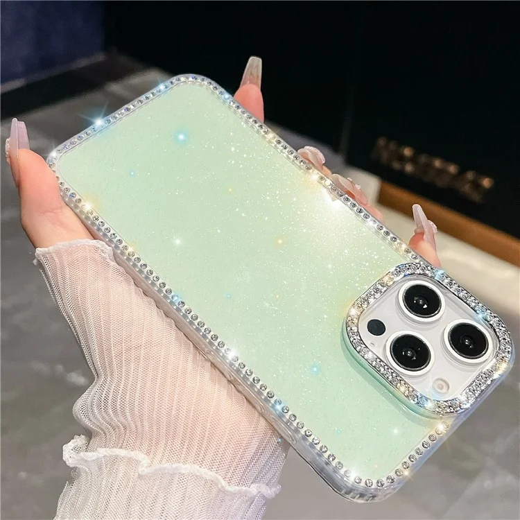 Funda para iPhone 15 Pro Borde de Rhinestone Brillo Trasero TPU + PC IMD Funda de Teléfono - Brillo Verde Claro