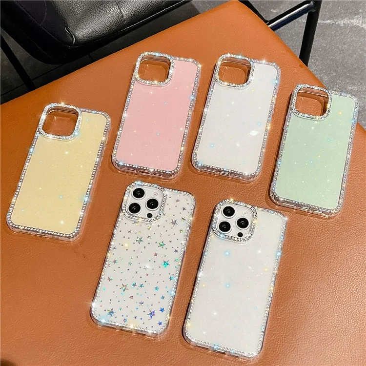Funda para iPhone 15 Pro Borde de Rhinestone Brillo Trasero TPU + PC IMD Funda de Teléfono - Brillo Verde Claro