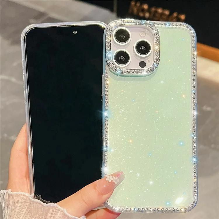 Capa para iPhone 14 Pro com borda de strass, costas brilhantes em TPU + PC IMD - Verde claro brilhante