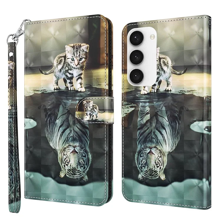 For Samsung Galaxy S23 3D Pattern Printed PU Leather Case Shockproof Phone Foldable Stand Wallet Cover with Strap - Cat and Tiger