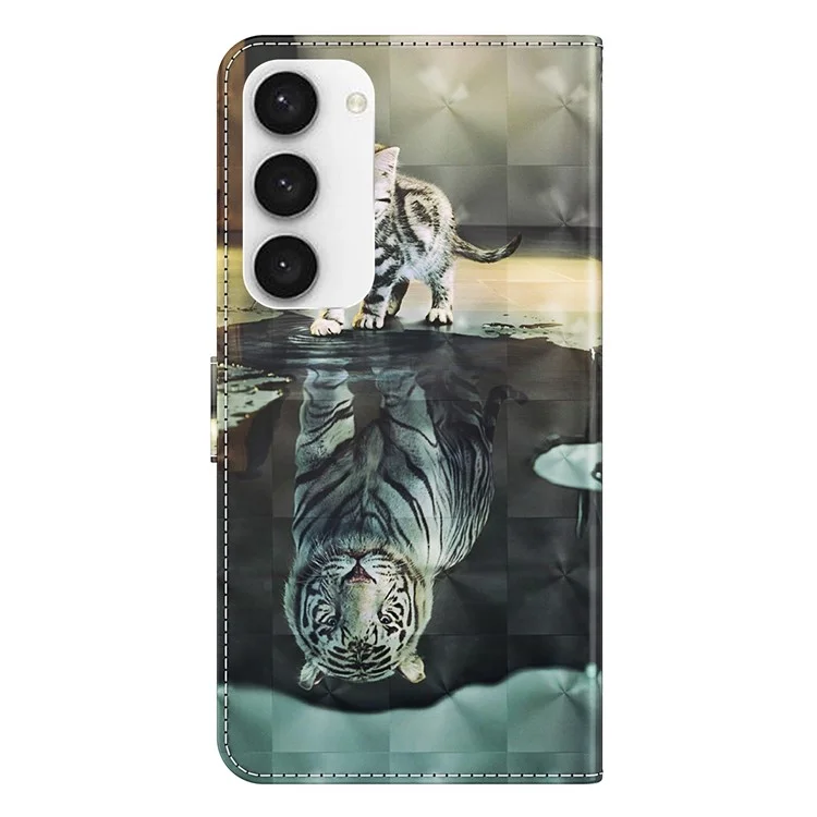 For Samsung Galaxy S23 3D Pattern Printed PU Leather Case Shockproof Phone Foldable Stand Wallet Cover with Strap - Cat and Tiger
