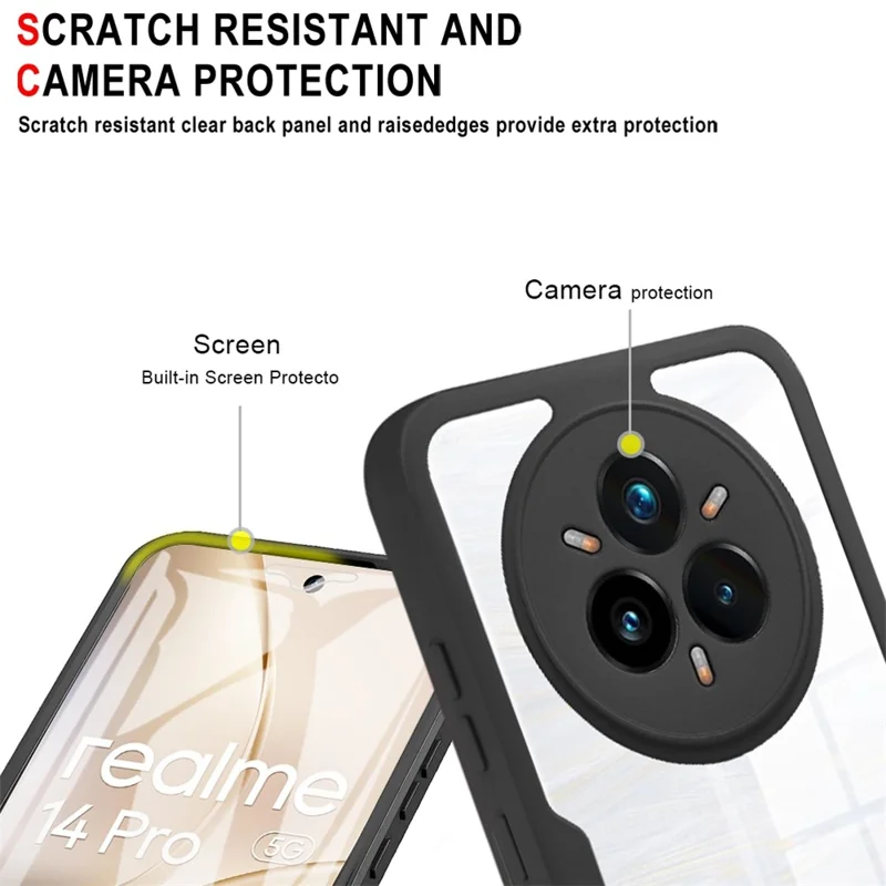 Étui pour Realme 14 Pro 5G Acrylique + TPU Coque de téléphone transparente avec film de protection d'écran PET - Noir