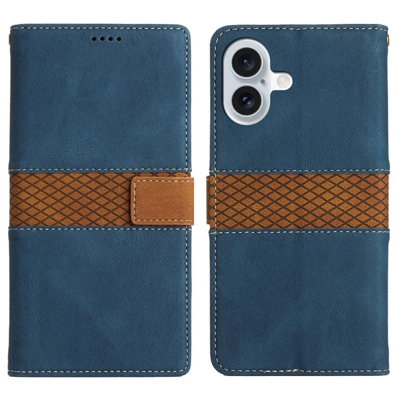 For iPhone 17 Case Grid Splicing Stand Wallet Leather Phone Cover - Blue