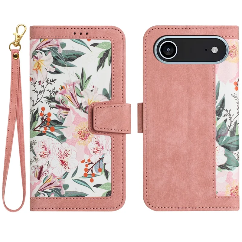 For iPhone 17 Air Case PU Leather Floral Phone Cover with Card Slots / Wrist Strap - Pink