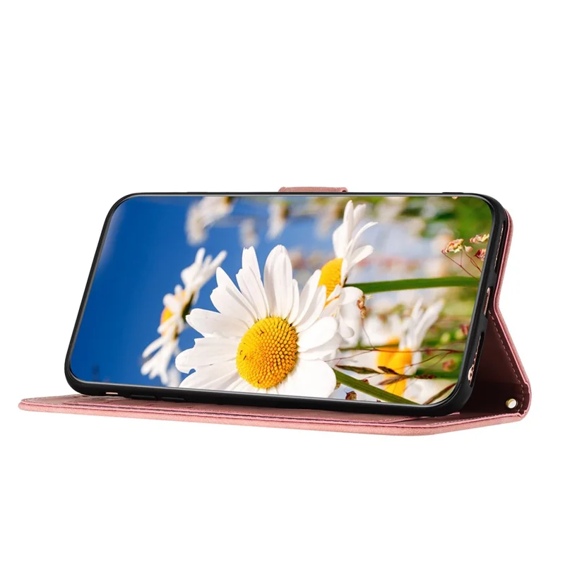 For iPhone 17 Air Case PU Leather Floral Phone Cover with Card Slots / Wrist Strap - Pink