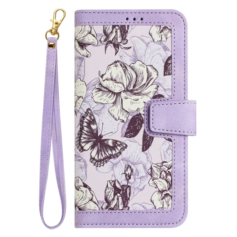 For iPhone 17 Pro Case PU Leather Floral Phone Cover with Card Slots / Wrist Strap - Light Purple